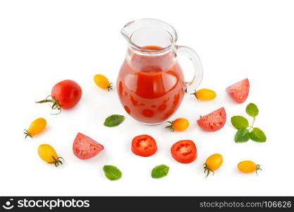 Fresh tomato juice and tomatoes isolated on white background. Flat lay,top view.