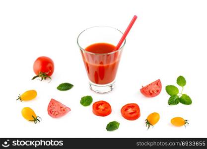 Fresh tomato juice and tomatoes isolated on white background. Flat lay,top view. Free space for text.