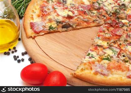 Fresh tomato, mushroom, cheese and sausage pizza on a round board isolated on white background. Fresh tomato, mushroom, cheese and sausage pizza on a round board isolated on white