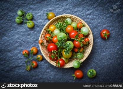 Fresh tomato organic with green and harvesting ripe red tomatoes in basket on dark background