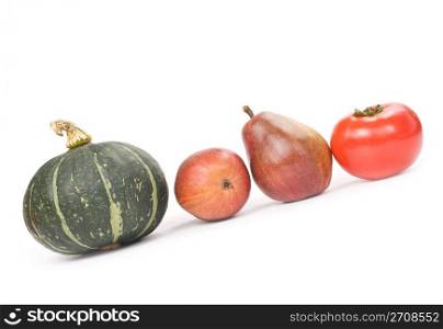 Fresh tomato, pears and pumpkin isolated on white background