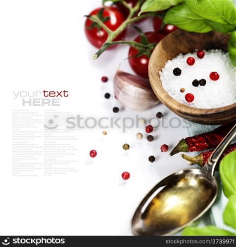 fresh tomatoes, olive oil and basil on white background (with easy removable sample text)