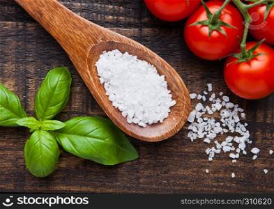 Fresh tomatoes with basil and spoon with salt on grunge wooden board