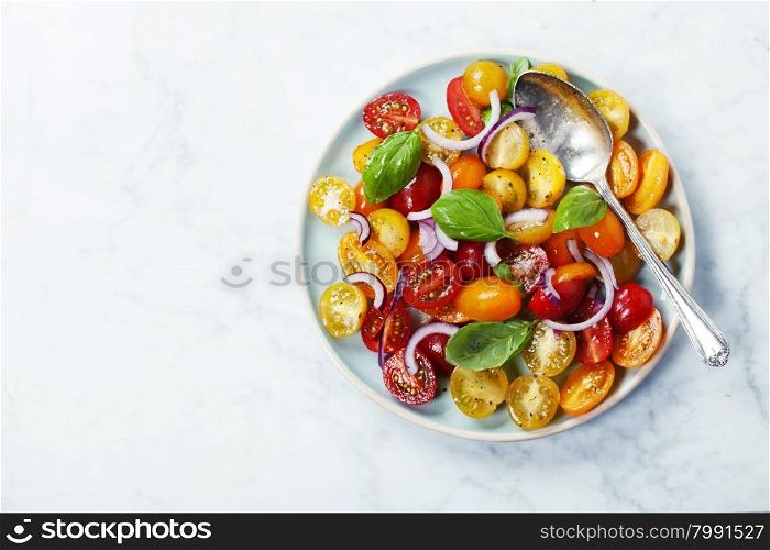 Fresh tomatoes with basil leaves, onion and olive oil in a bowl on vintage background.