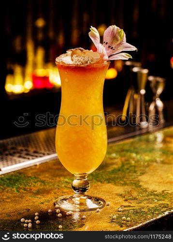 Fresh tropical cocktail with fruit. Alcoholic, non-alcoholic drink-beverage at the bar.