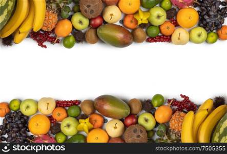 Fresh tropical fruits harvest border frame isolated on white background with copy space for text. Tropical fruit frame