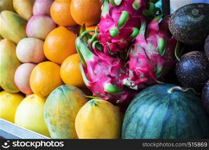 fresh tropical fruits in a street market