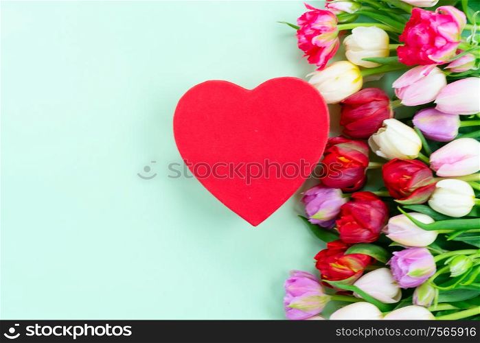 Fresh tulips flowers with red heart gift present box on pale green background. Fresh tulips flowers with heart