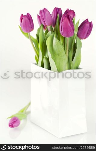 fresh tulips in a shopping bag