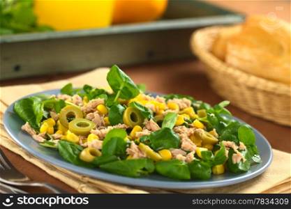 Fresh tuna, sweetcorn, green olive and watercress salad with breadbasket in the back (Selective Focus, Focus in the middle of the salad) . Tuna Sweetcorn and Olive Salad
