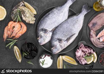 fresh uncooked seafood fish flat lay
