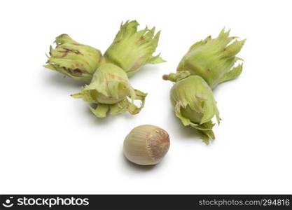 Fresh unripe hazelnuts on white background