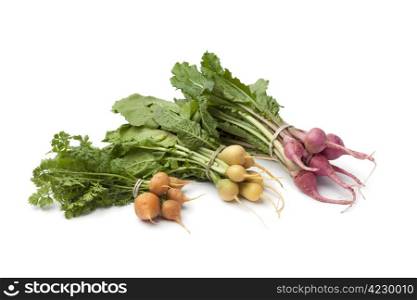 Fresh variety of baby vegetables on white background