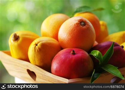 fresh various fruits on wooden basket