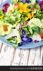 Fresh vegan salad with edible flowers. Vegetarian salad leaves with herbs and flowers.Healthy spring salad