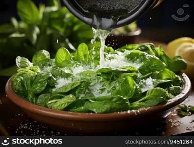 Fresh vegetable salad and food with water splash float on dish with dark studio background. AI Generative.