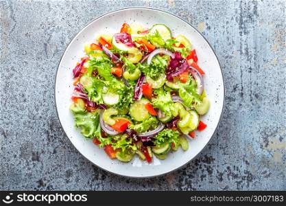 Fresh vegetable Salad of cucumber, celery, sweet pepper, frize lettuce, red onion and sesame seeds with olive oil. Healthy vegetarian, vegan food