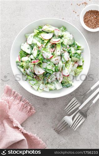 Fresh vegetable salad of green lettuce, radish and cucumber with dill, green onions and greek yogurt