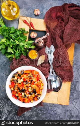 fresh vegetable salad, salad with fried eggplant