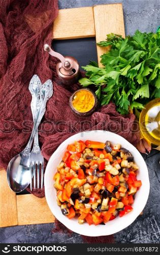 fresh vegetable salad, salad with fried eggplant