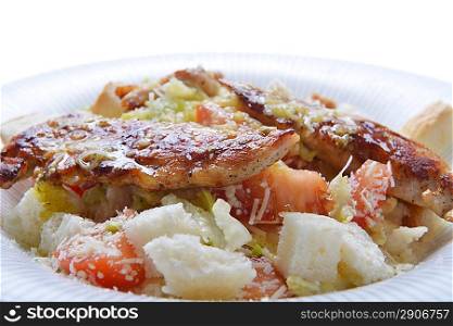 fresh vegetable salad with crouton and fried meat on plate