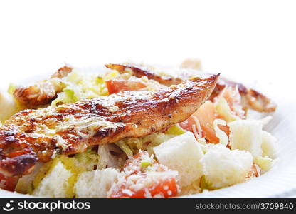 fresh vegetable salad with crouton and fried meat on plate