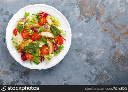 Fresh vegetable salad with grilled chicken meat, top view