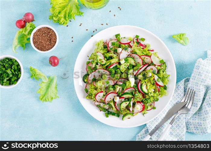 Fresh vegetable salad with radish, cucumbers, lettuce, dill and green onion