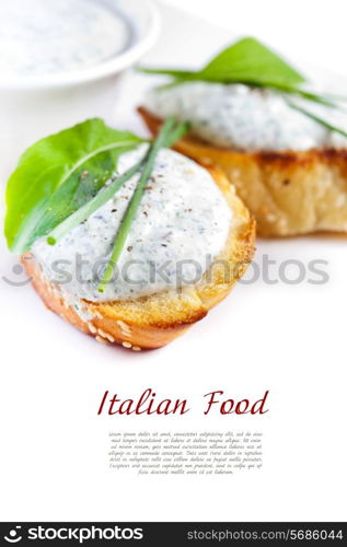 Fresh vegetables and bruschetta sandwiches with cottage cheese