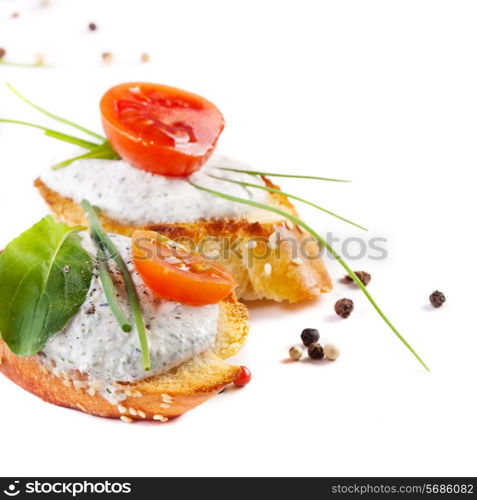 Fresh vegetables and bruschetta sandwiches with cottage cheese