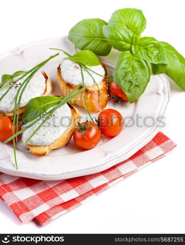 Fresh vegetables and bruschetta sandwiches with cottage cheese