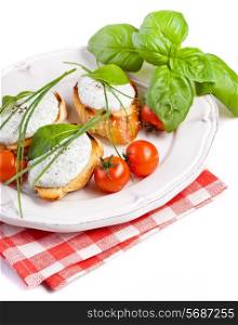 Fresh vegetables and bruschetta sandwiches with cottage cheese