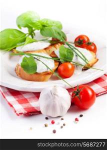 Fresh vegetables and bruschetta sandwiches with cottage cheese