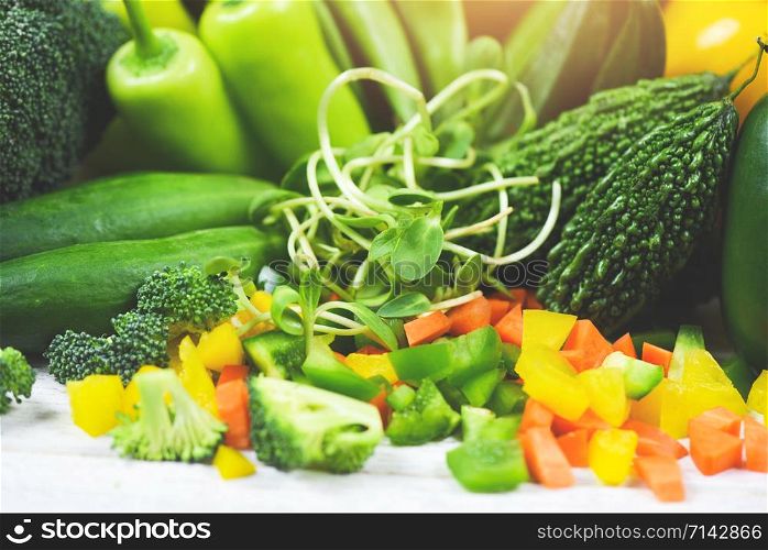 Fresh vegetables and fruits background healthy food clean eating for heart life cholesterol diet health / green vegetables mixed selection various in the market