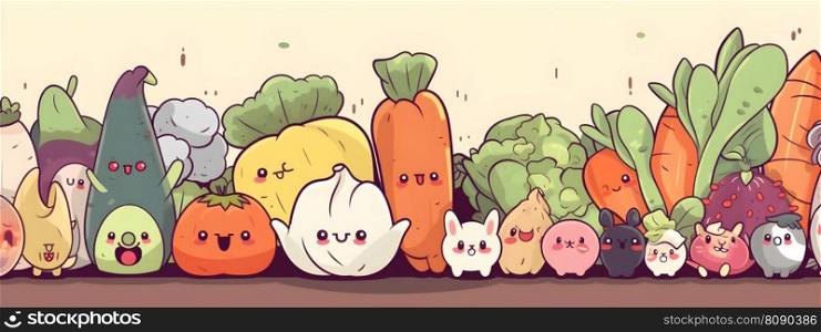 Fresh vegetables and fruits cute laughing cartoon characters illustration long wide banner. Many funny food personages with smiling faces in Japanese kawaii chibi style. AI Generative content