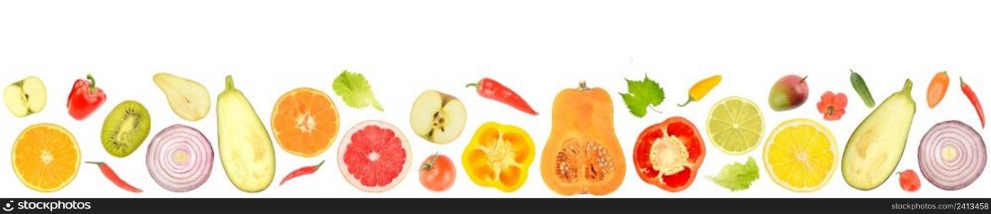 Fresh vegetables and fruits isolated on white background. Copy space for text
