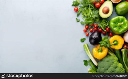 Fresh vegetables and fruits on a blue background. Healthy food concept.