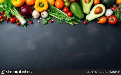 Fresh vegetables and fruits on black background. Top view with copy space