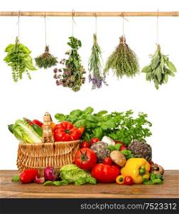 Fresh vegetables and herbs on white background. Healthy food concept