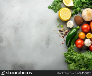 Fresh vegetables and spices on grey background, top view. Space for text