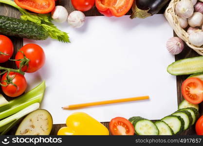 Fresh vegetables. Close up of various vegetables and paper sheet