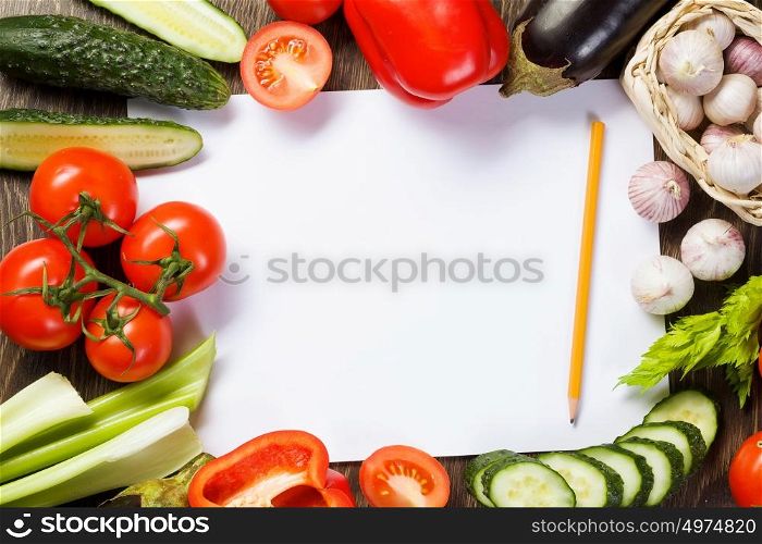 Fresh vegetables. Close up of various vegetables and paper sheet