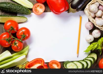 Fresh vegetables. Close up of various vegetables and paper sheet