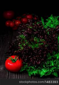 Fresh vegetables, green fresh salad, ripe cherry tomatoes on a dark wooden background. Biodiversity, useful vegetables on the table. Ingredients for dishes, harvesting.