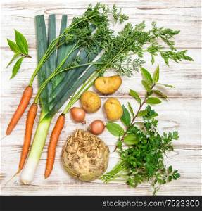 Fresh vegetables. Healthy organic food. Leek, carrots, onion, parsley, potatoes, celery root, bay laurel leaves
