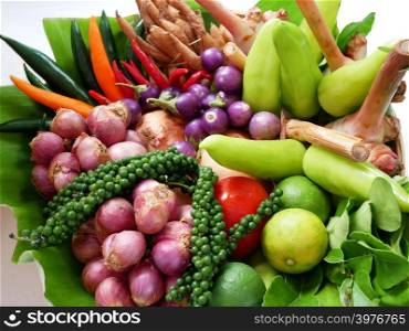 Fresh vegetables, herb and spices ingredient for healthy cooking asian food.