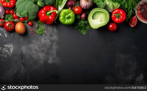 Fresh vegetables on a black background. Top view with copy space.