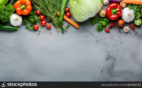 Fresh vegetables on a gray background. Top view, copy space.