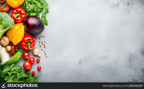 Fresh vegetables on a marble background. Top view with copy space.