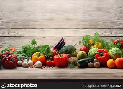 Fresh vegetables on a wooden table. Healthy food background. Copy space.